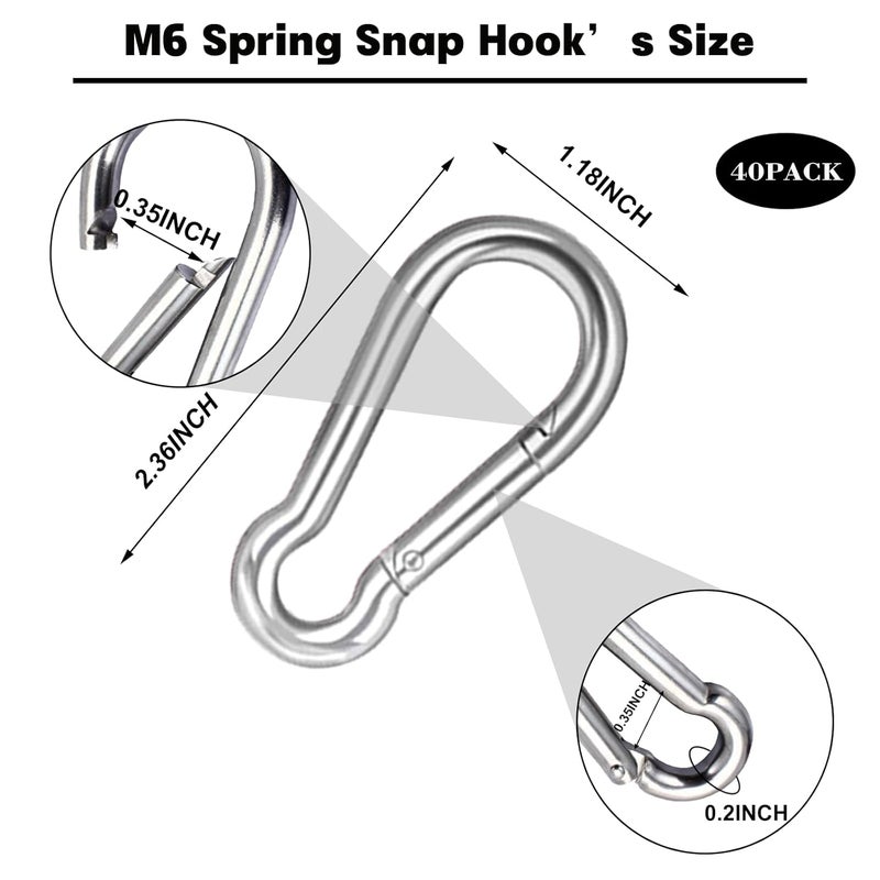 HANDRERLEE 2.36'' Carabiner Clips, 1/4 Inch Heavy Duty Galvanized Steel Spring Snap Hook, Small Carabiner Clip 260LBS Holding Capacity Quick Link Clip Keychain for Hammock Dog Leash & Camping Gym(40 PCS M6) - Image 2